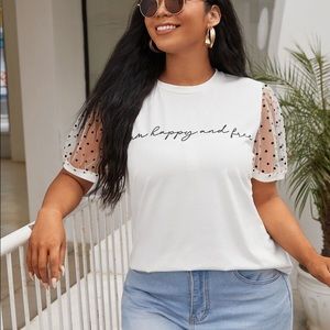 Plus Slogan Graphic Polka Dot Sheer Mesh Tee